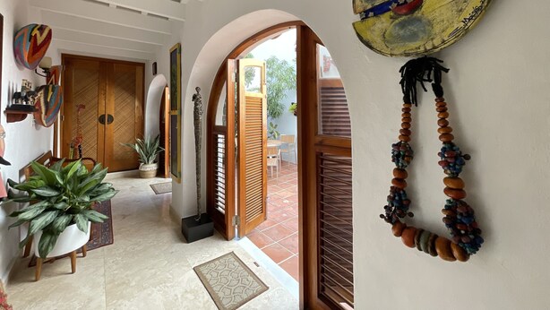 A hallway with a wooden door, a potted plant, and a decorative wall piece. - OLD MOON OLD SAN JUAN (San Juan)