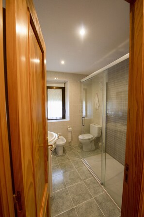 Shower, towels, toilet paper