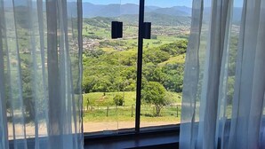 A room with a large window featuring sheer white curtains, a wooden ceiling, and a view of a green landscape with distant mountains.