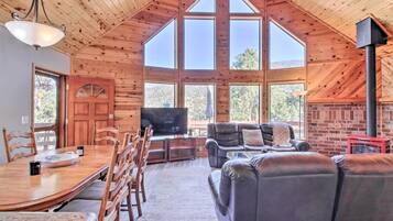TV, fireplace, books
