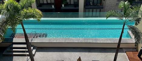 Una piscina en la azotea con agua cristalina, rodeada de sillones de descanso y palmeras.