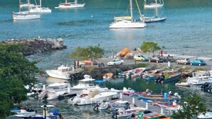 Un port de plaisance où sont amarrés différents types de bateaux, une côte rocheuse et un paysage boisé en arrière-plan.