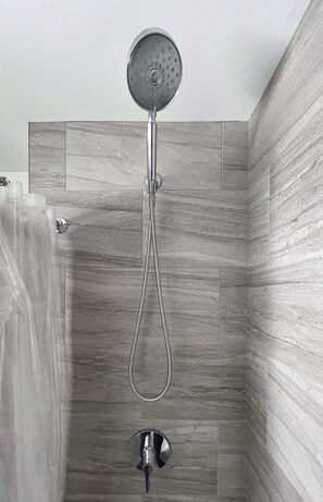 Hair dryer, towels, soap, shampoo