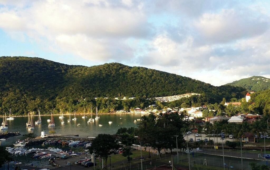 A marina with boats, a parking area, and buildings in the background.