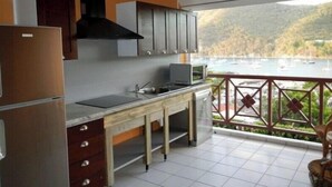 Eine Küche mit Seeblick und Booten, inklusive Kühlschrank, Schränken und Mikrowelle.