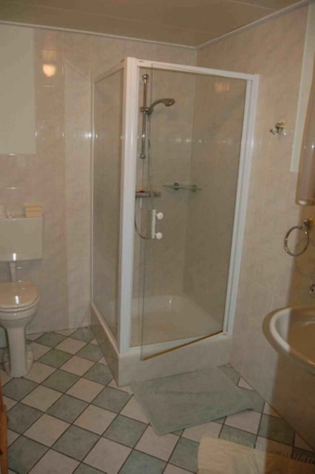 A bathroom with a glass-enclosed shower, a toilet, and a sink.