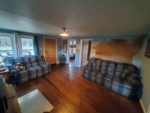 Smart TV, fireplace, books, stereo