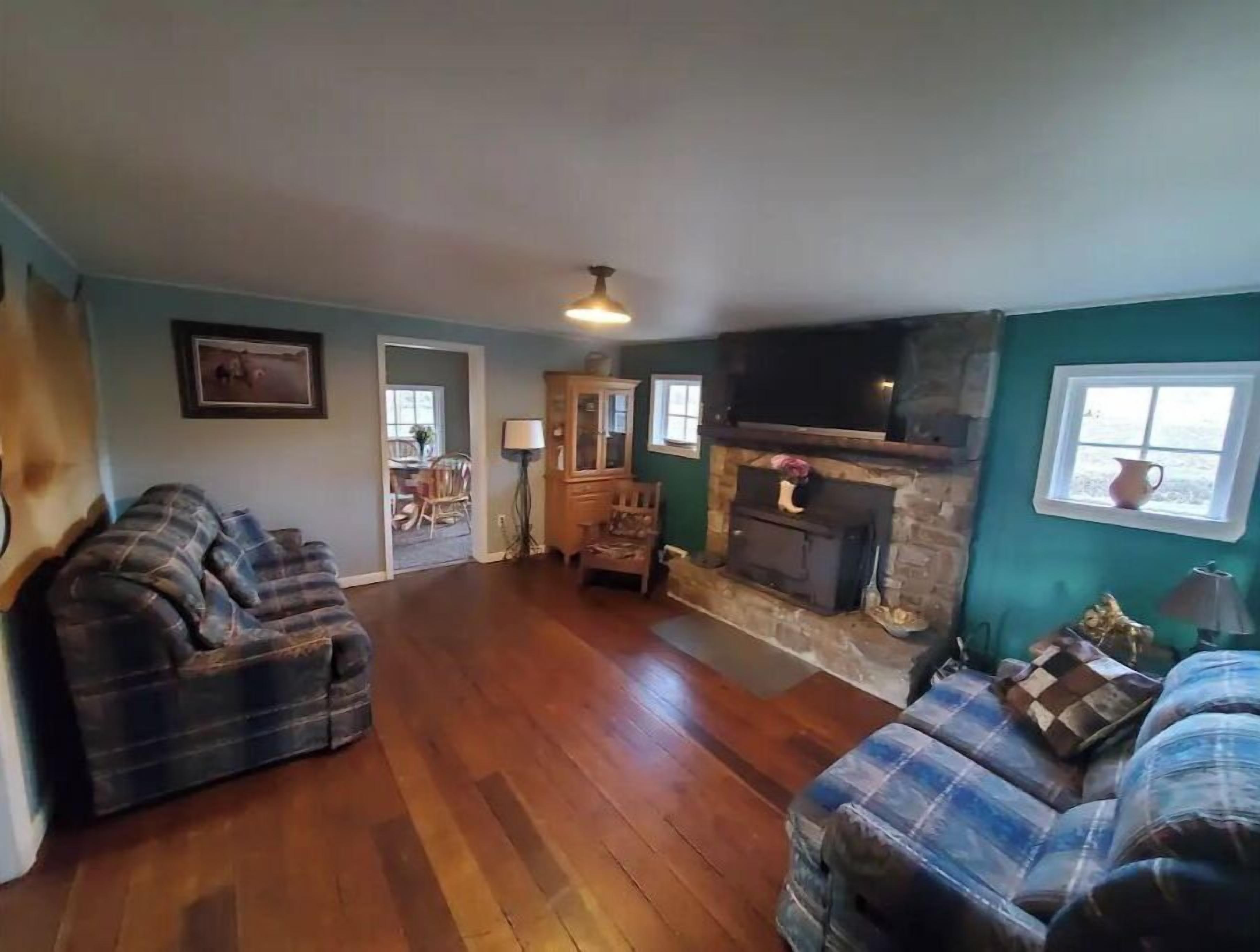 Smart TV, fireplace, books, stereo