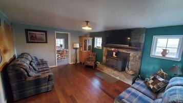 Smart TV, fireplace, books, stereo