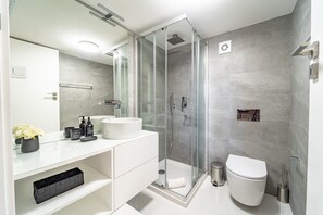 Douche, séchoir à cheveux, serviettes fournies