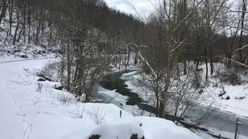 Un paysage enneigé avec une rivière, des arbres et une route.