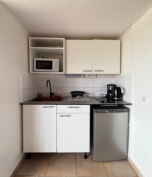 Fridge, microwave, stovetop, electric kettle