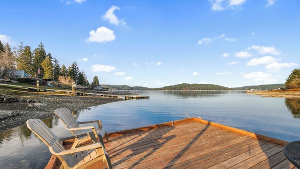 A wooden dock with two Adirondack chairs facing a calm lake, surrounded by trees and a clear sky. - Hot Tub Cabin #12 (Union)