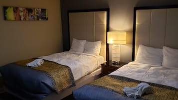 Desk, laptop workspace, free WiFi, bed sheets