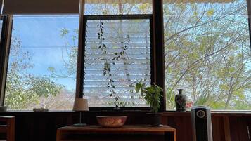 A room with a wooden desk, a bowl, a potted plant, a vase, and a standing fan.