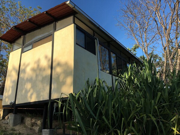 A modern building with a flat roof, large windows, and a concrete foundation.