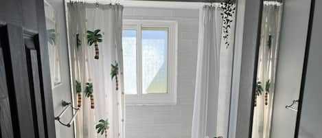 Combined shower/tub, hair dryer, towels, soap