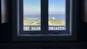 A window with a view of a grassy area and a body of water.