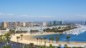 Paisagem costeira com praia, marina e edifícios altos.