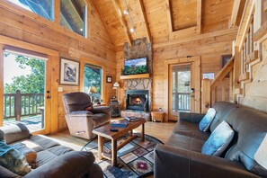 Cabin, Multiple Beds, Hot Tub, Mountain View | Living area | 40-inch TV with cable channels, fireplace