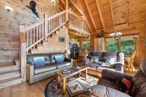 Cabin, Multiple Beds, Hot Tub, Mountain View | Living area | 40-inch TV with cable channels, fireplace