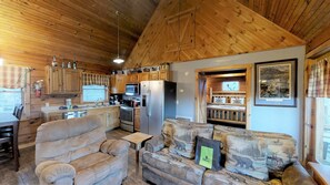 Cabin, 1 King Bed with Sofa bed, Hot Tub, Mountain View | Living area | 40-inch TV with cable channels, fireplace