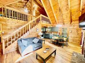 Cabin, Multiple Beds, Hot Tub | Living area | 40-inch TV with cable channels, fireplace - Willow Creek (Townsend)