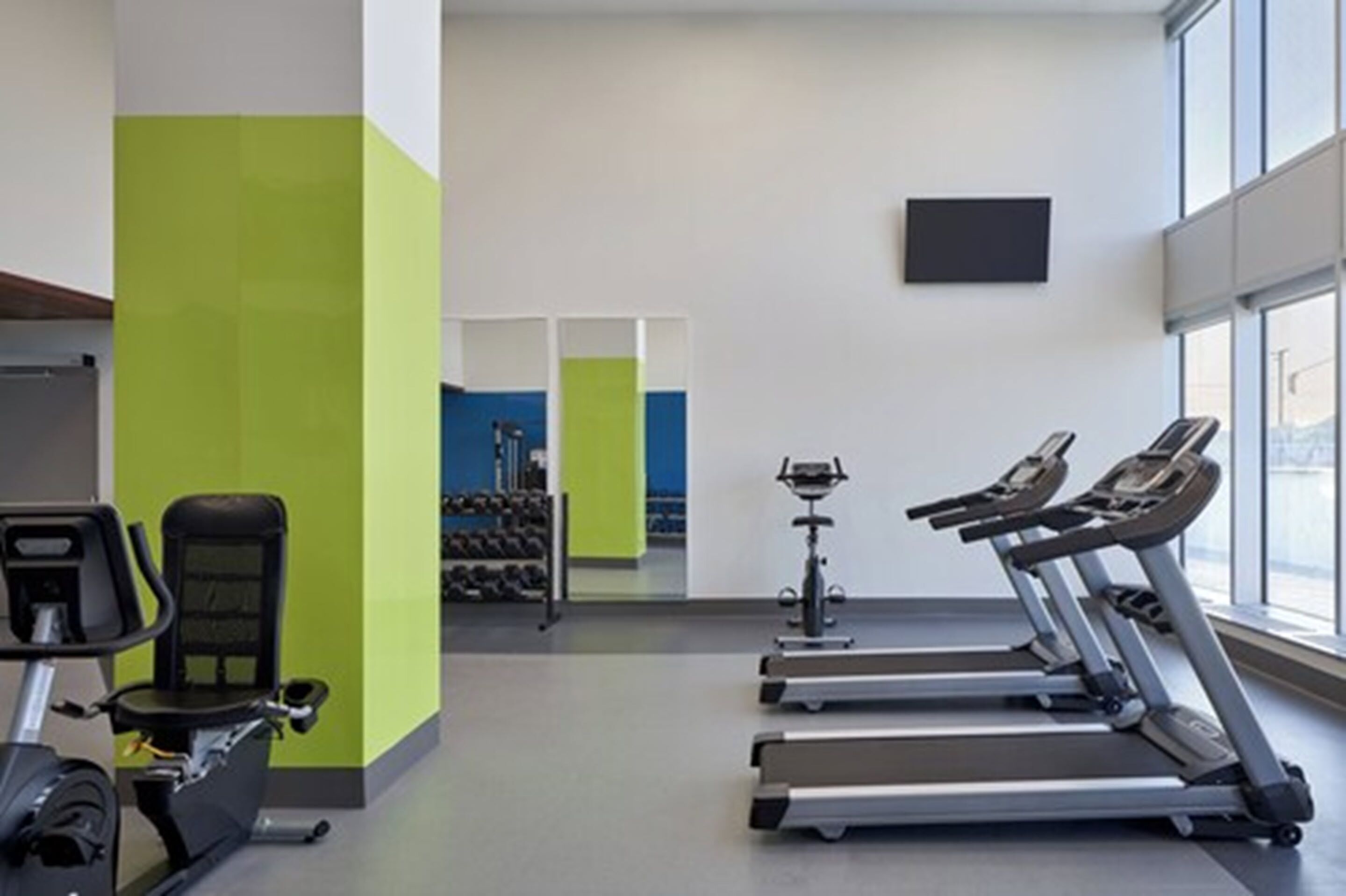 A gym with treadmills, a stationary bike, and dumbbells.