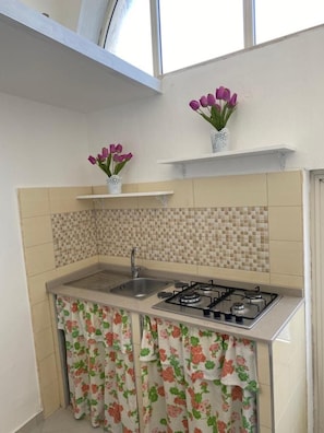 Fridge, stovetop, coffee/tea maker, cookware/dishes/utensils