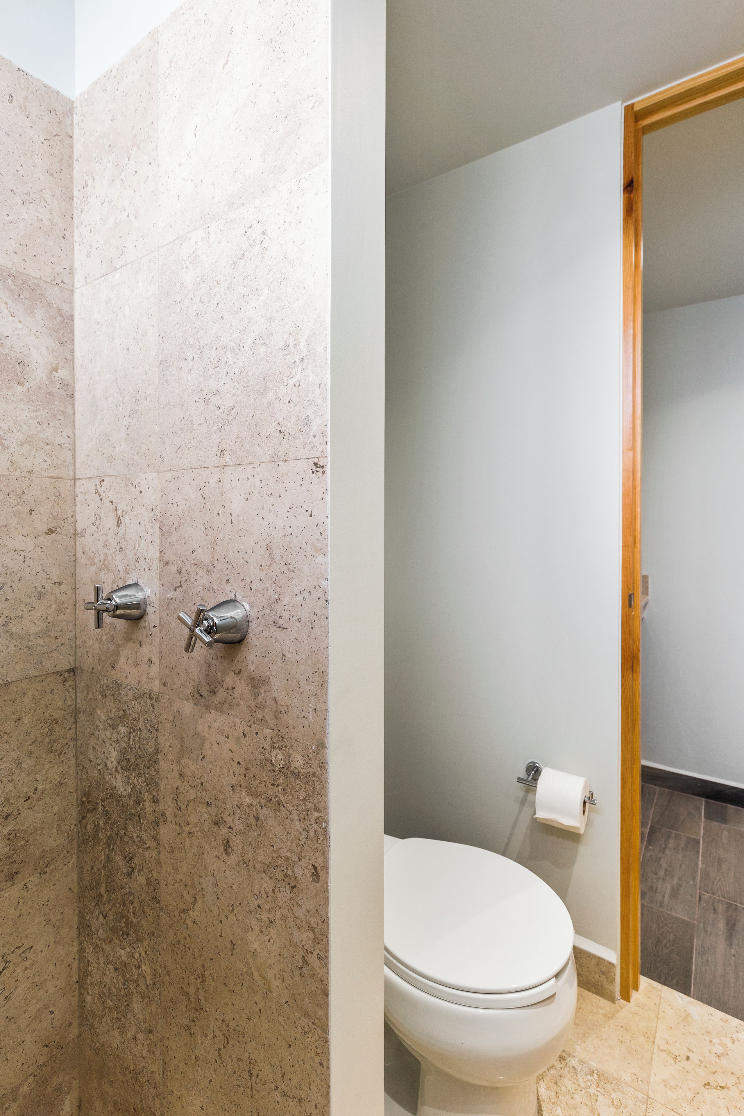 A bathroom with a shower, toilet, and a wooden door.