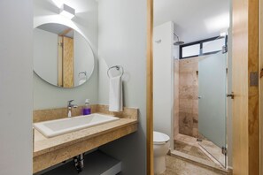 Un baño moderno con un lavamanos grande, espejo e inodoro con ducha.