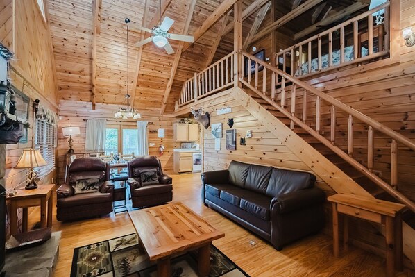 Cabin, Multiple Beds, Hot Tub | Living area | 40-inch TV with cable channels, fireplace