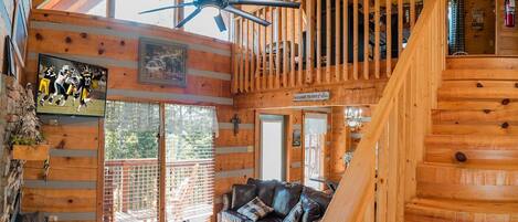 40-inch TV with cable channels, fireplace