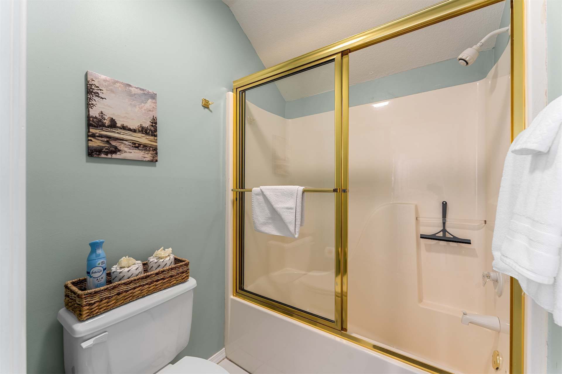 Une salle de bain comprenant des toilettes, une douche avec un cadre doré, un porte-serviettes et un tableau fixé au mur.