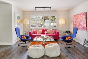 House, Multiple Beds, Pool Access, Mountain View (Sonora Charmer) | Living area | 42-inch flat-screen TV with digital channels, fireplace - Sonora Charmer - Private Pool w/ Mountain Views! (Palm Springs)