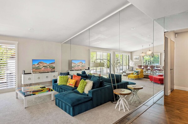 House, Multiple Beds, Pool Access, Mountain View (Sonora Charmer) | Living area | 42-inch flat-screen TV with digital channels, fireplace - Sonora Charmer - Private Pool w/ Mountain Views! (Palm Springs)