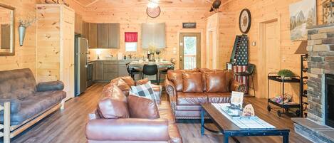 Cabin, Multiple Beds, Fireplace, Mountain View | Living area | 40-inch TV with cable channels, fireplace