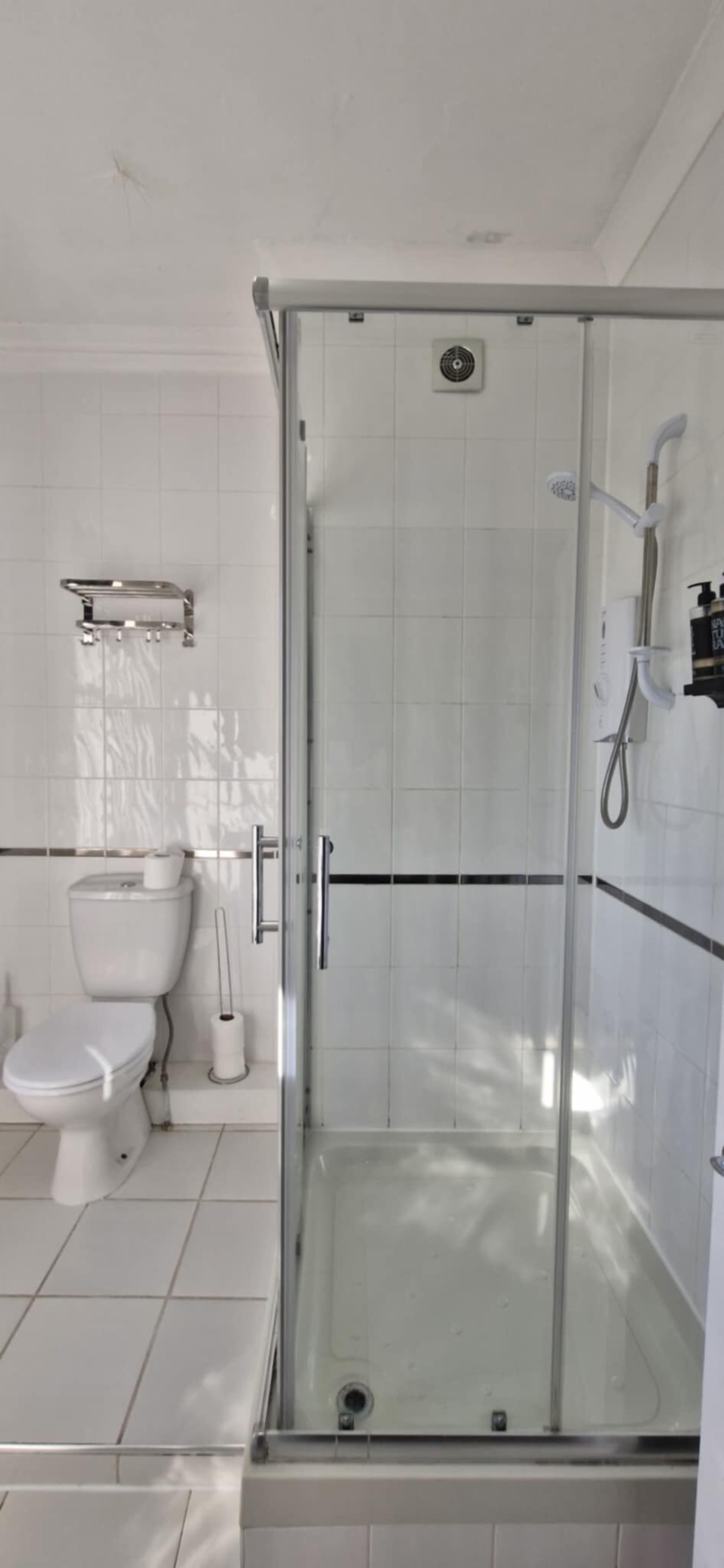 Une salle de bain avec une douche à parois de verre, des toilettes et un porte-serviettes.