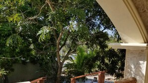 Un espace extérieur aménagé en terrasse, avec une table et des chaises, entouré de murs en pierre et d’une végétation luxuriante.