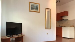 Un salon avec un téléviseur à écran plat posé sur un meuble en bois, un tableau encadré accroché au mur, et un coin cuisine avec des placards en bois et un réfrigérateur blanc.