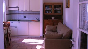 Eine kompakte Küche mit weißen Schränken, einem Herd und einem Spülbecken. Im Wohnbereich befindet sich ein Holzschrank mit Glastüren und ein beiges Sofa.