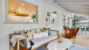 House, Multiple Beds, Patio, Mountain View (The Lilypad) | Living area | 65-inch TV with digital channels, fireplace