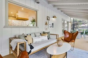 House, Multiple Beds, Patio, Mountain View (The Lilypad) | Living area | 65-inch TV with digital channels, fireplace - The Lilypad 2 Master Bedrooms Game Room (Lake Arrowhead)