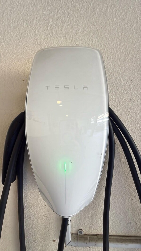 Una stazione di ricarica Tesla con il logo Tesla ben visibile e una spia luminosa verde.
