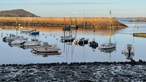 Un puerto deportivo con barcos amarrados, una costa rocosa y un faro al fondo.