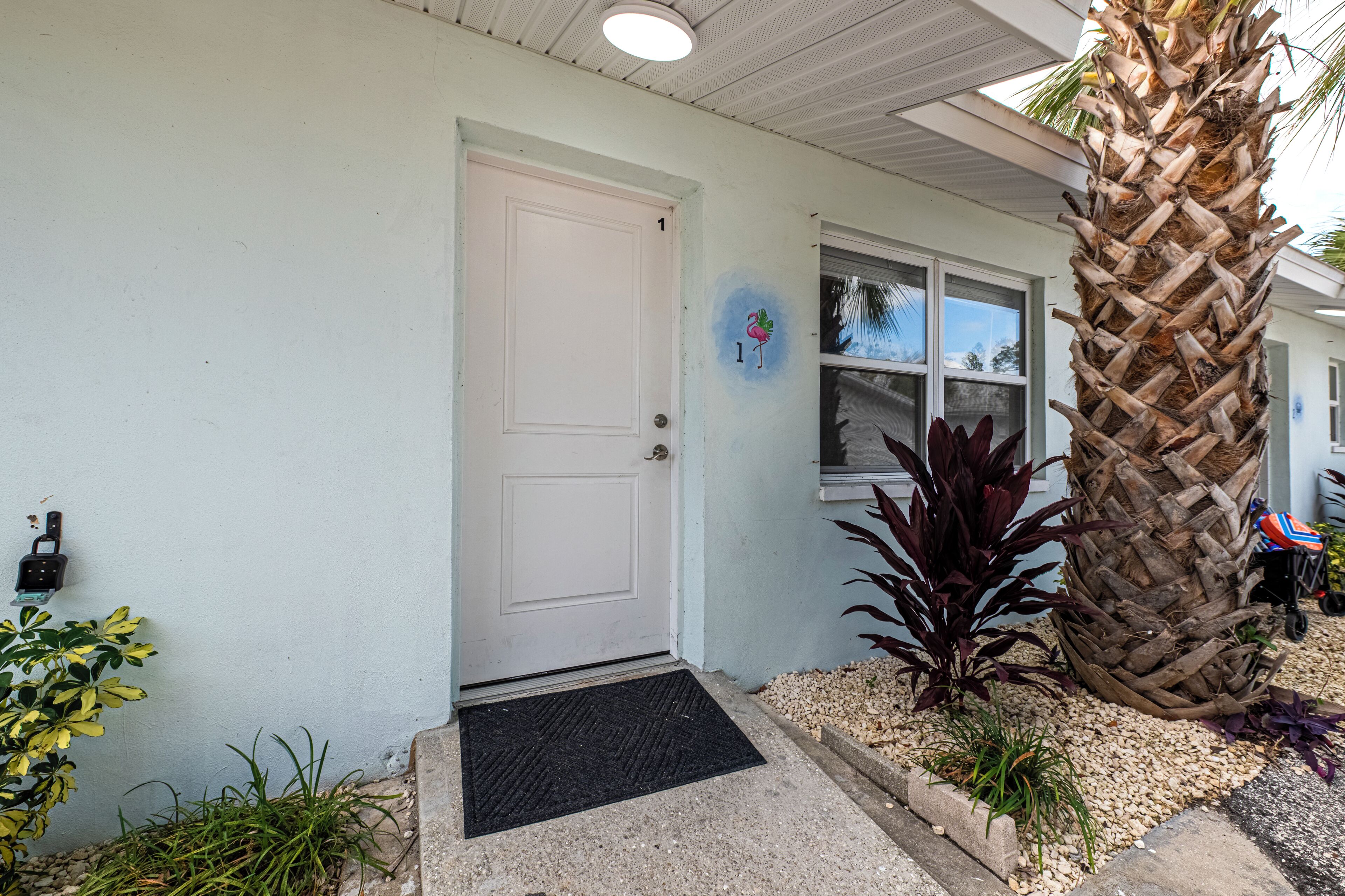 A house with a white door, a window, and a palm tree.