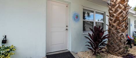 A house with a white door, a window, and a palm tree.
