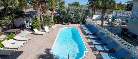 A rectangular swimming pool with lounge chairs and umbrellas on both sides, surrounded by palm trees and a white building with a balcony.