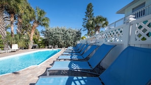 Un área junto a la piscina con sillas de descanso alineadas, rodeada de palmeras y una valla blanca.