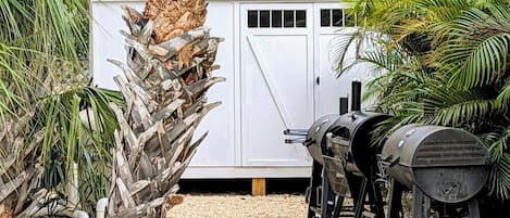 A backyard with a barbecue grill, a white shed, and a palm tree.
